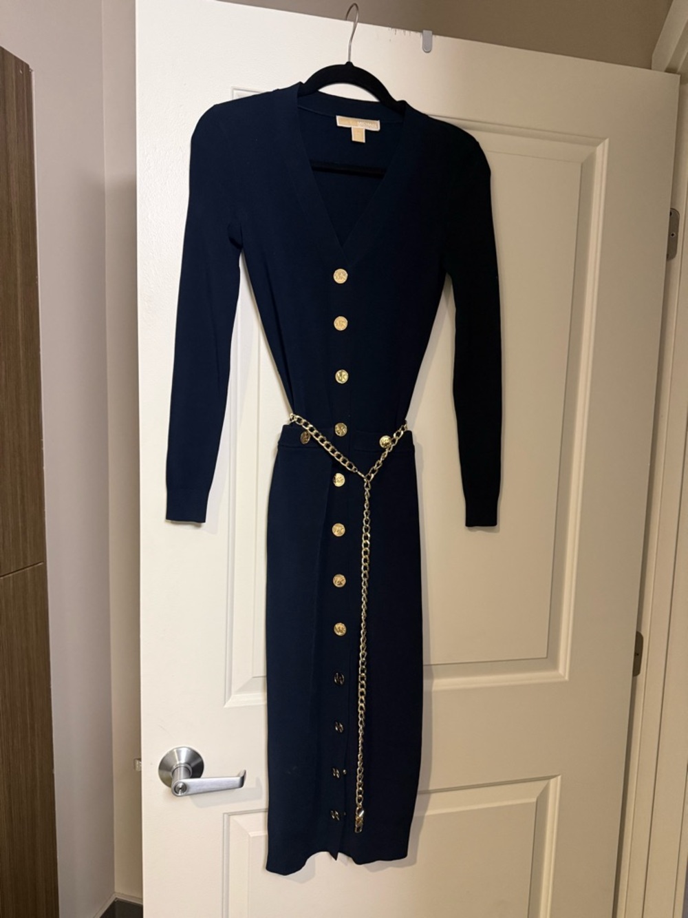 MICHAEL Michael Kors Navy Long-Sleeve Button Knit Dress with Gold Chain